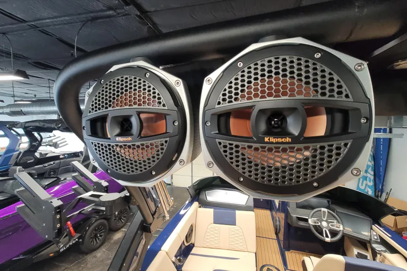Slide: The Image of 2025 MasterCraft X24 boat with Klipsch speakers, showcasing luxury interior and advanced audio system. - 17