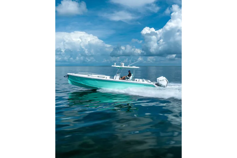 Slide: The Image of 2024 Dynamic D-305V boat cruising on calm ocean under a vibrant blue sky. - 4