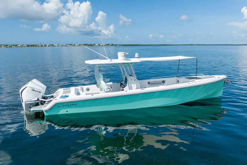 Slide: The Image of 2024 Dynamic D-305V boat on calm blue water under a clear sky. - 5