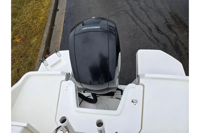 Slide: The Image of 2022 Bayliner Trophy T21Bay boat with Mercury outboard motor, viewed from above. - 28