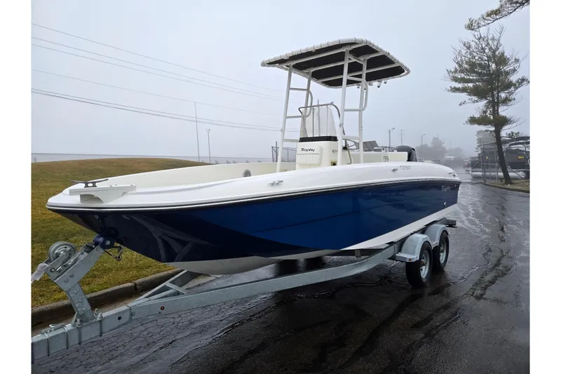 Slide: The Image of 2022 Bayliner Trophy T21Bay boat on trailer in a misty setting. - 5