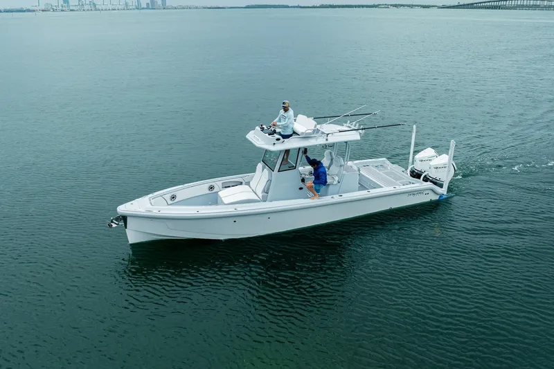 Slide: The Image of 2024 Dynamic D-305DF boat cruising on calm waters with two people onboard. - 1