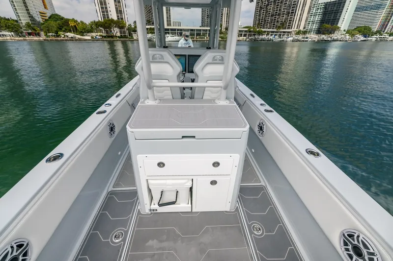 Slide: The Image of 2024 Dynamic D-305DF boat interior with sleek design, spacious deck, and modern amenities. - 14