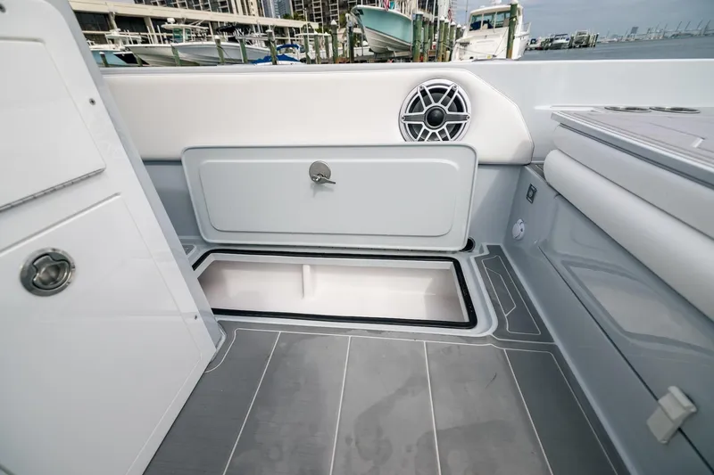 Slide: The Image of 2024 Dynamic D-305DF boat interior with storage compartment and speaker, docked at marina. - 17