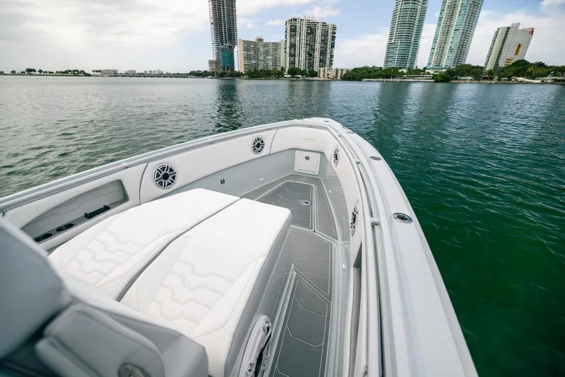 Slide: The Image of Luxury Dynamic D-305DF boat on water with city skyline, 2024 model. - 18