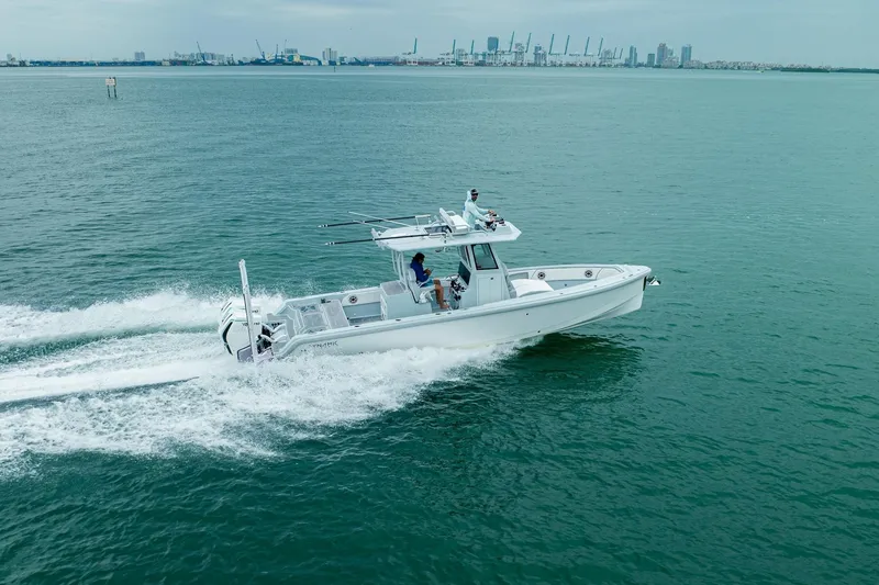 Slide: The Image of 2024 Dynamic D-305DF boat cruising on open water near city skyline. - 5