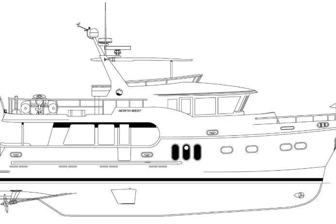 Slide: The Image of Line drawing of 2024 Northwest 55 yacht, side view, showcasing sleek design and modern features. - 8
