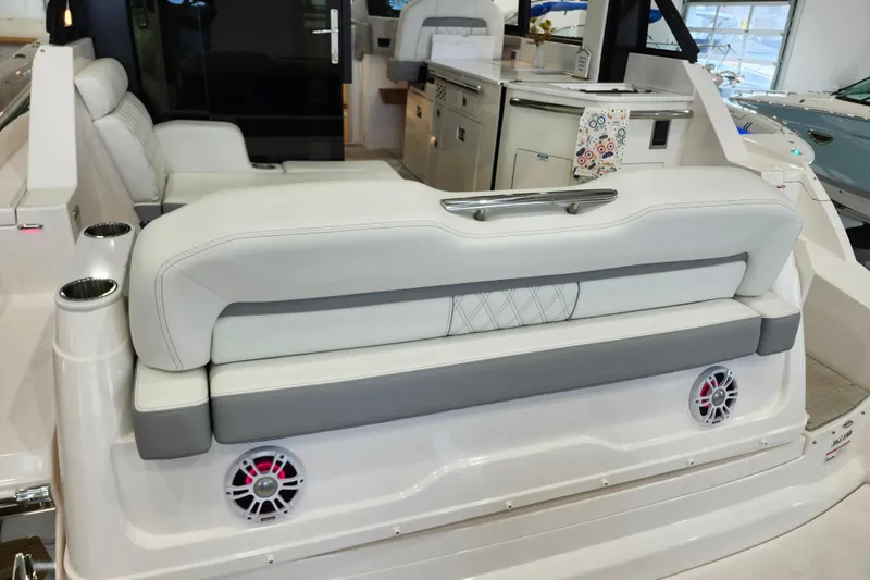 Slide: The Image of 2025 Regal 36 XO boat interior with luxurious seating and modern amenities. - 10