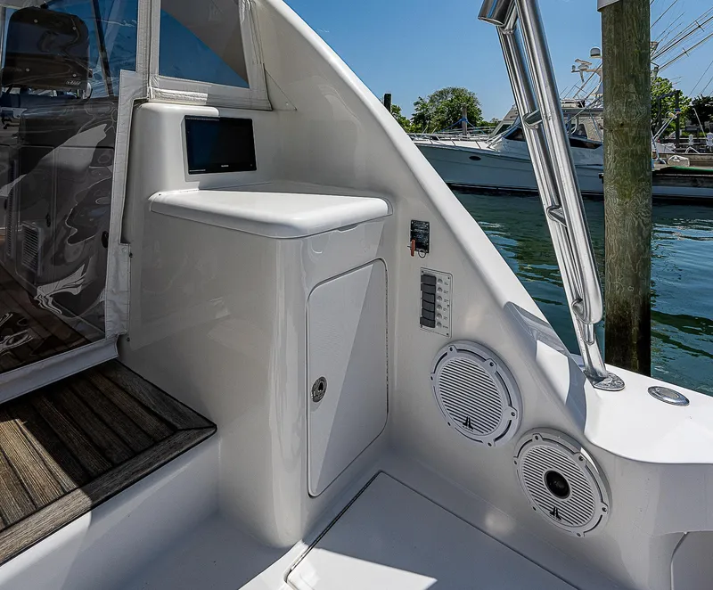 Slide: The Image of Cabo 44 HTX 2012 yacht interior with speakers and control panel. - 40