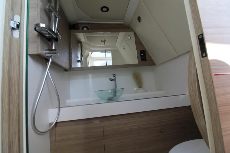Slide: The Image of Modern bathroom interior of 2025 Saxdor 400 GTS yacht with sleek fixtures and glass sink. - 27