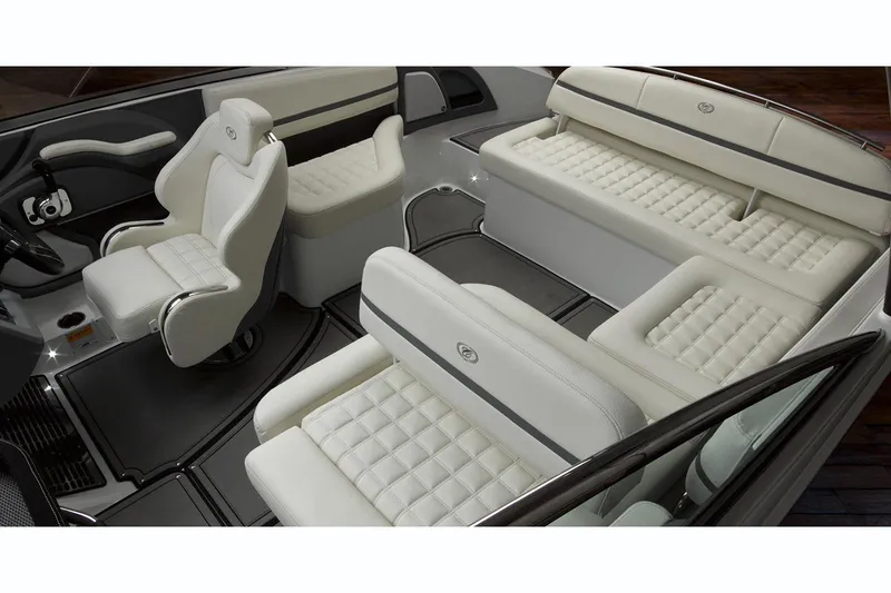 Slide: The Image of Manufacturer Provided Image: 2019 Cobalt R5 boat interior with luxurious white leather seating. - 14