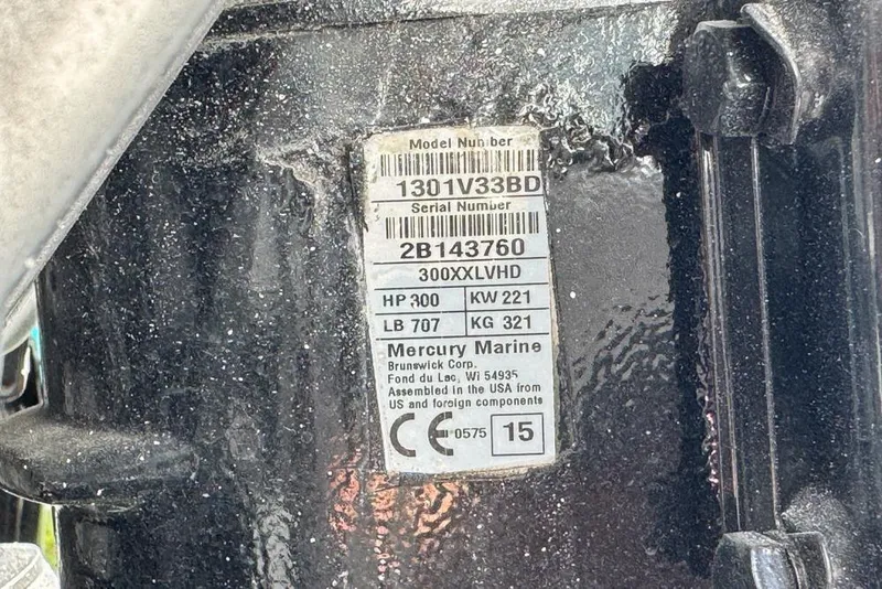 Slide: The Image of Label on Mercury Marine engine, model 300XXLVHD, 300 HP, for Century 3200 Center Console. - 123