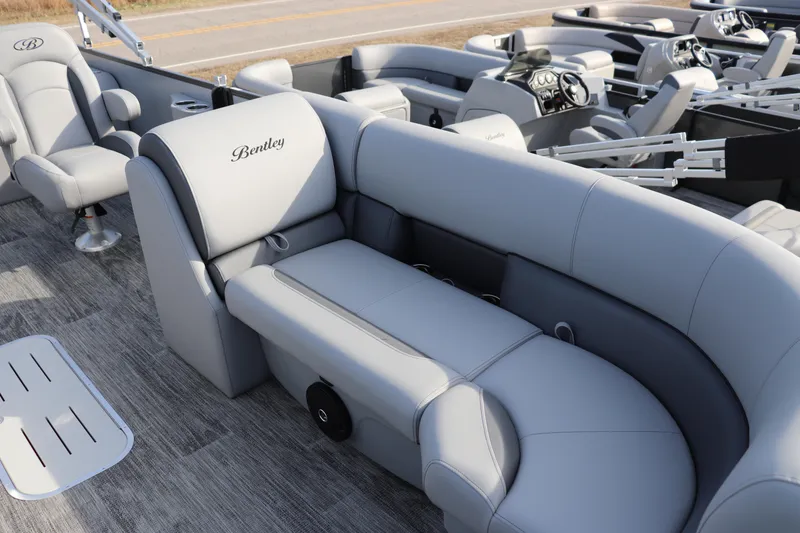 Slide: The Image of 2026 Bentley Pontoons Legacy 223 Swingback with luxurious gray seating and modern design. - 3