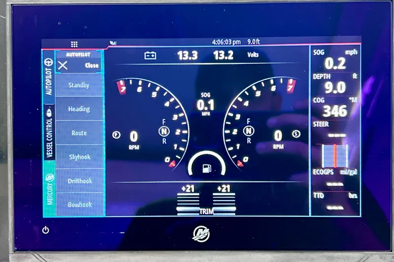 Slide: The Image of 2024 NX Boats 370 HT dashboard display showing autopilot and vessel control settings. - 41