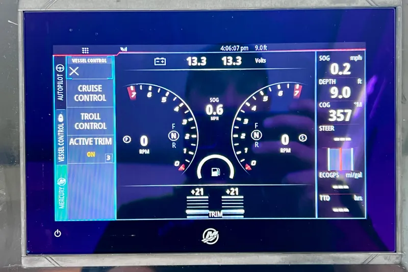 Slide: The Image of Digital dashboard of 2024 NX Boats 370 HT showing vessel controls and performance metrics. - 42