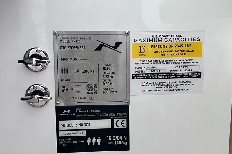 Slide: The Image of 2024 NX Boats 370 HT capacity and specifications plate, detailing weight, power, and safety compliance. - 45