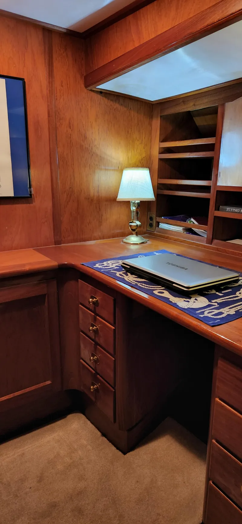 Slide: The Image of Wood-paneled study area in 1983 Thackwray Custom Pilothouse Motorsailer with desk and lamp. - 45