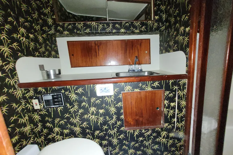 Slide: The Image of 1984 Sunny Briggs 37 Express bathroom with bamboo wallpaper and wooden cabinets. - 14