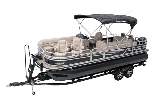 The Image of 2022 Ranger 223FC pontoon boat with trailer, black and beige upholstery. - 1