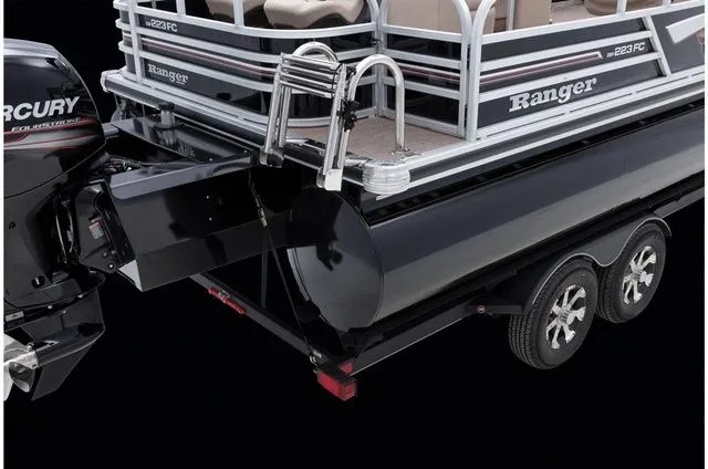 Slide: The Image of 2022 Ranger 223FC pontoon boat rear view with Mercury engine. - 35