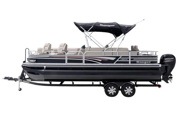 Slide: The Image of 2022 Ranger 223FC pontoon boat with trailer, side view. - 4