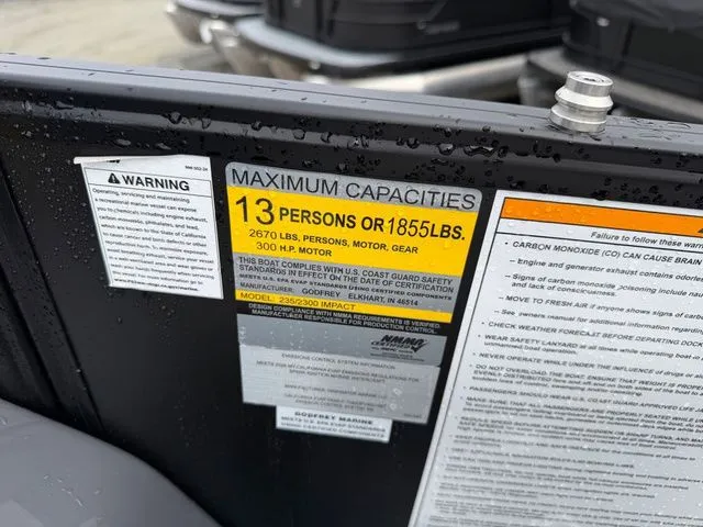 Slide: The Image of Safety label on Godfrey Monaco 235 SFL boat, 2026 model. - 17