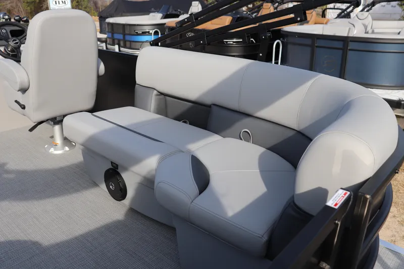 Slide: The Image of 2026 Bentley Pontoons 223 Bolt interior with gray seating and modern design. - 7