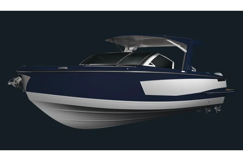 Slide: The Image of 2023 Aviara AV36 OB luxury boat with triple Mercury outboard engines docked in marina. - 12