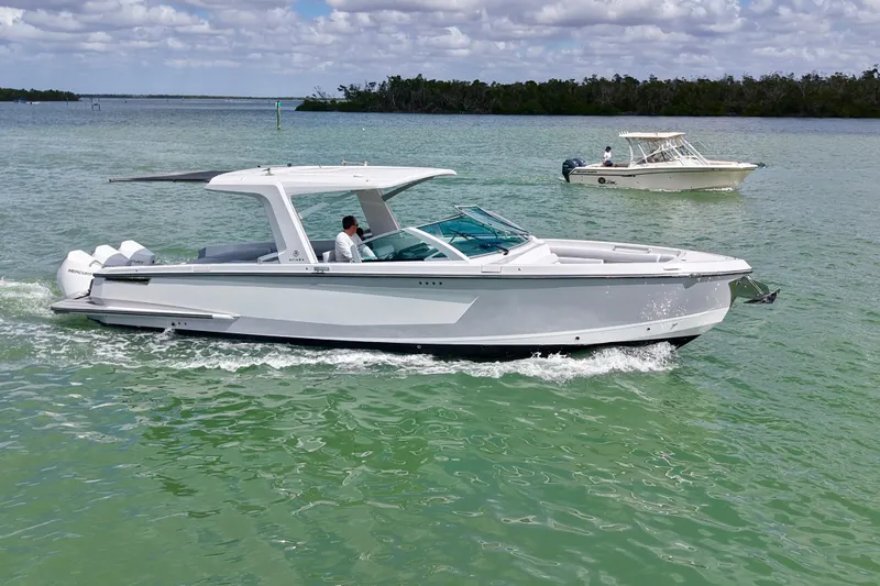 Slide: The Image of 2023 Aviara AV36 OB boat interior with luxurious seating and modern amenities. - 16