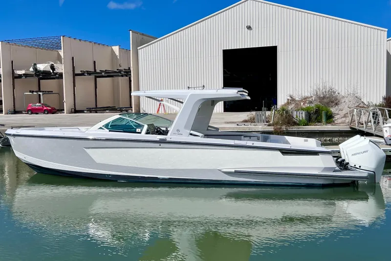 Slide: The Image of 2023 Aviara AV36 OB boat with sleek outdoor kitchen and modern design. - 29