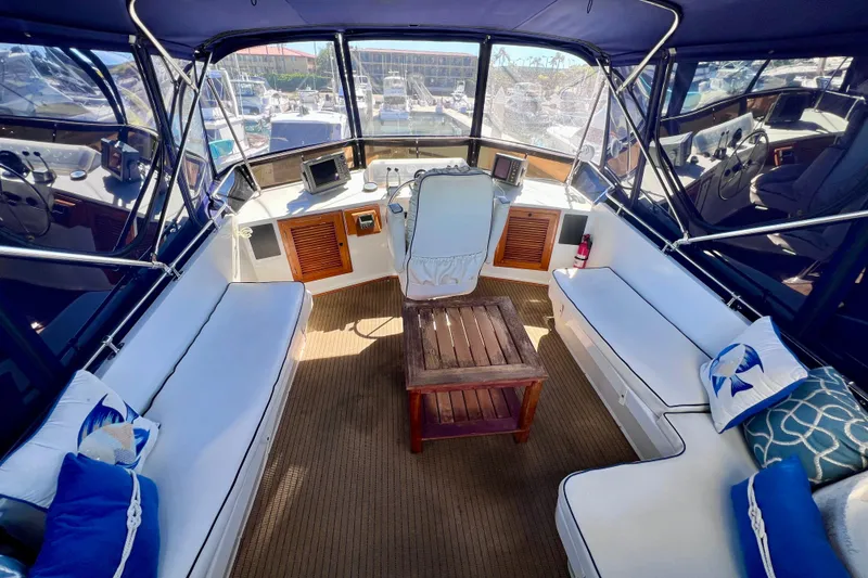 Slide: The Image of 1984 Kha Shing Spoiler Cockpit Motor Yacht interior with seating, cushions, and navigation equipment. - 4