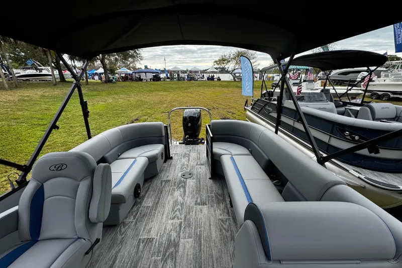 Slide: The Image of 2026 Bentley Pontoons Bolt 223 interior with gray seating and modern design. - 12