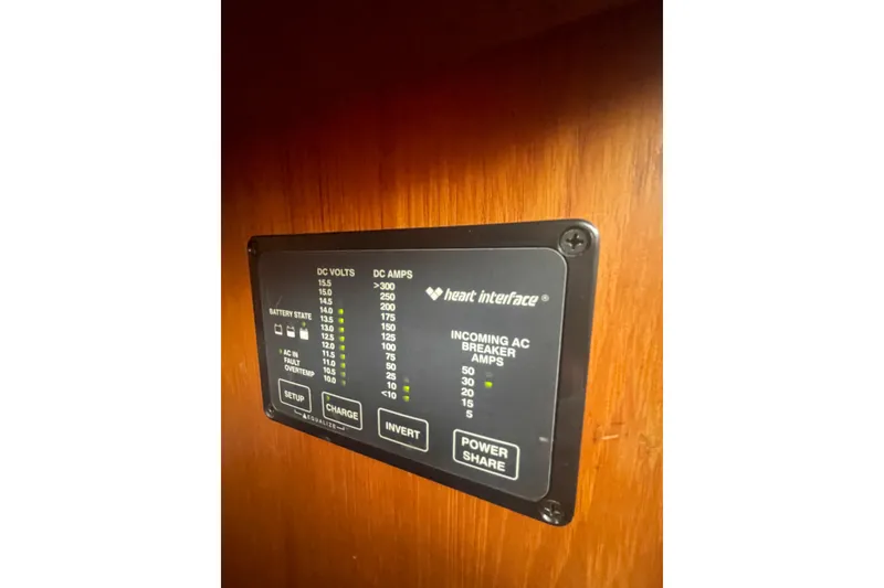 Slide: The Image of Electrical panel on 1984 Grand Banks 32 Sedan boat, displaying voltage and amperage readings. - 21
