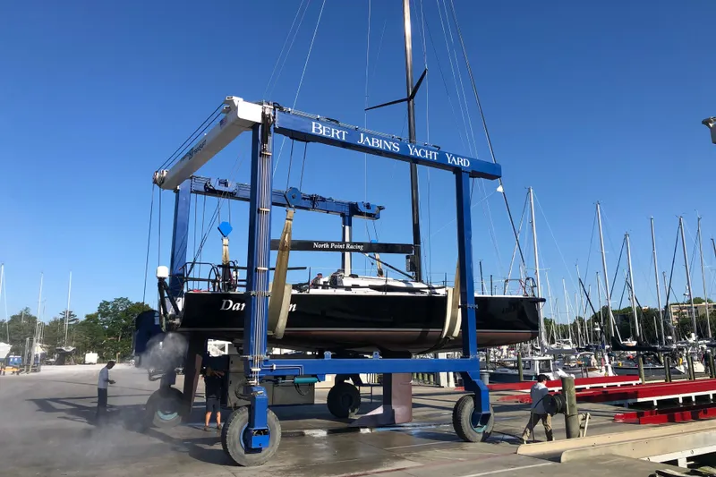 Slide: The Image of 2019 J Boats J/121 yacht at Bert Jabin's Yacht Yard, lifted for maintenance. - 35