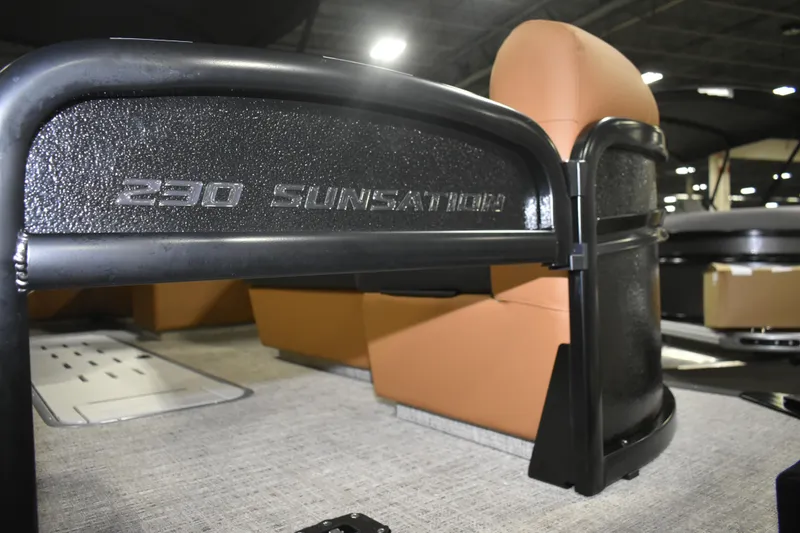 Slide: The Image of 2026 Premier 230 Sunsation Angler 2pt boat interior with seating and branding detail. - 25