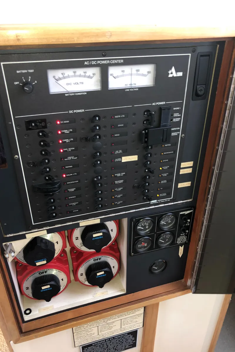 Slide: The Image of Electrical panel of a 2000 Albin 35 Tournament Express boat, featuring AC/DC controls and gauges. - 36