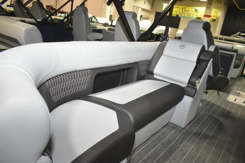 Slide: The Image of Luxurious seating in 2026 Premier 230 SOLARIS RF - PTX CL pontoon boat interior. - 14