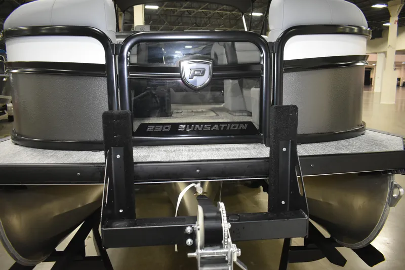 Slide: The Image of 2026 Premier 230 Solaris RF - PTX CL pontoon boat, rear view in showroom. - 28