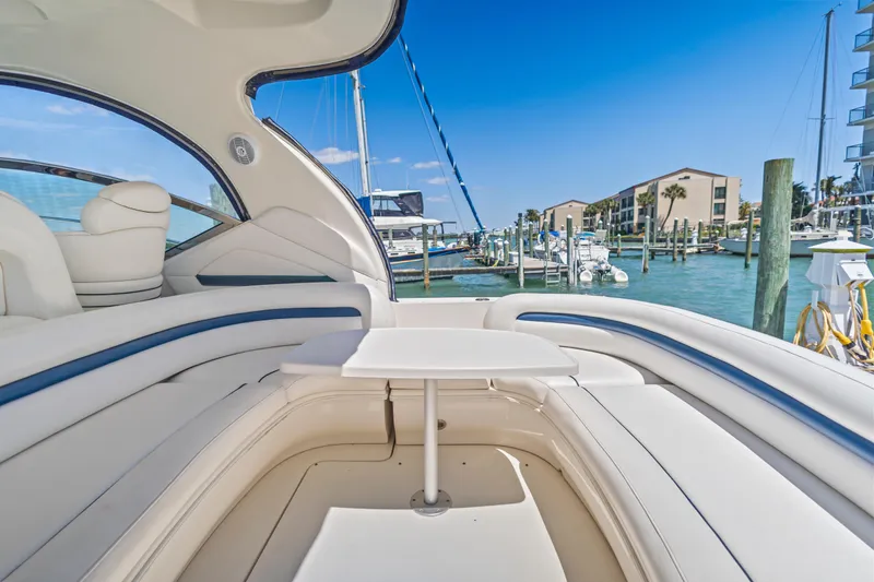 Slide: The Image of Luxurious 2004 Sea Ray 420 Sundancer yacht interior with marina view. - 15