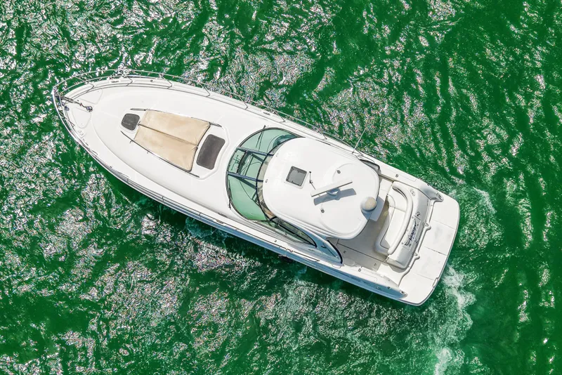 Slide: The Image of Aerial view of 2004 Sea Ray 420 Sundancer yacht on vibrant green water. - 7