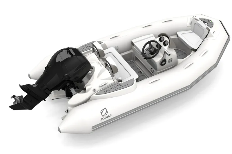 Slide: The Image of 2026 Zodiac Yachtline 360 inflatable boat with outboard motor, sleek design, and modern features. - 4