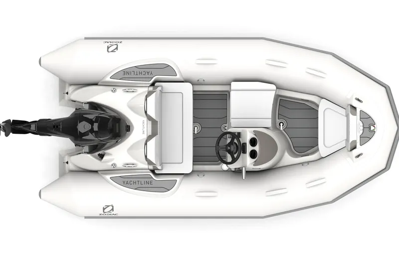 Slide: The Image of 2026 Zodiac Yachtline 360 inflatable boat, top view, featuring sleek design and modern amenities. - 6