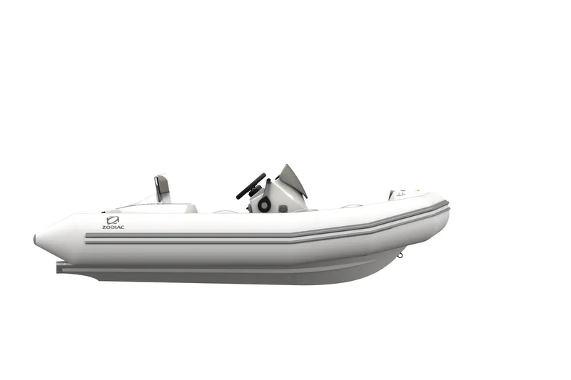 Slide: The Image of 2026 Zodiac Yachtline 360 inflatable boat, side view, sleek white design. - 7