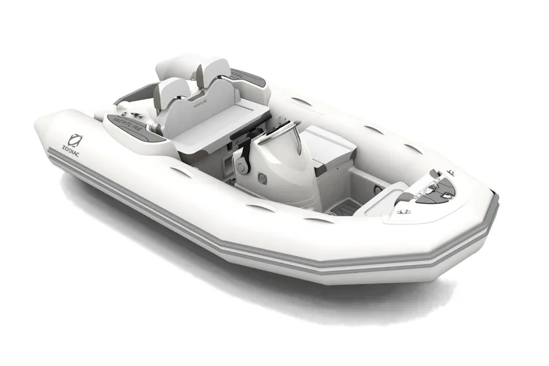 Slide: The Image of 2026 Zodiac Yachtline 360 inflatable boat, sleek white design, modern seating, and control console. - 8