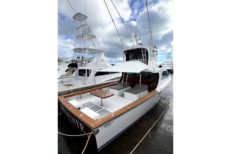 Slide: The Image of 1982 Torres Boat Mfg 43 model docked, featuring a spacious deck and canopy under cloudy skies. - 50