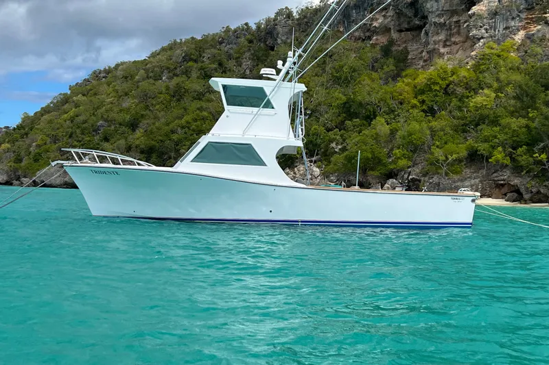 Slide: The Image of 1982 Torres Boat mng 43 anchored in turquoise waters near a lush, rocky shoreline. - 3