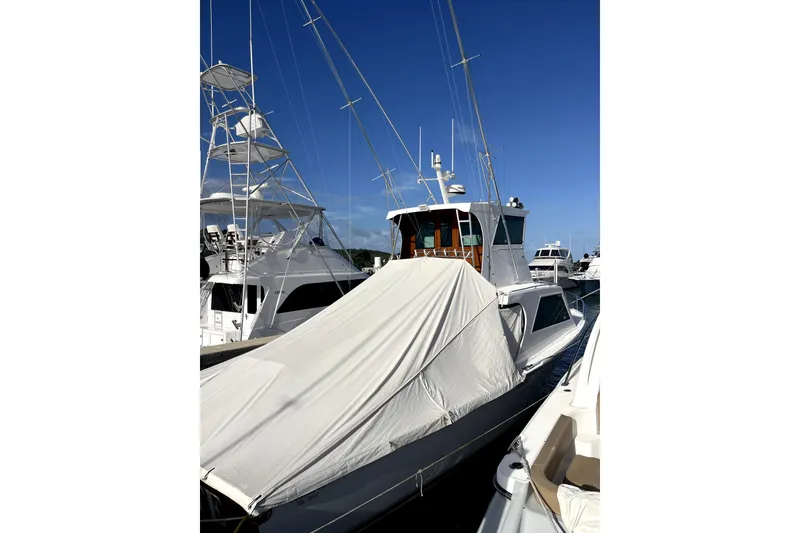 Slide: The Image of 1982 Torres Boat Mfg 43 docked, covered, with clear blue sky background. - 45