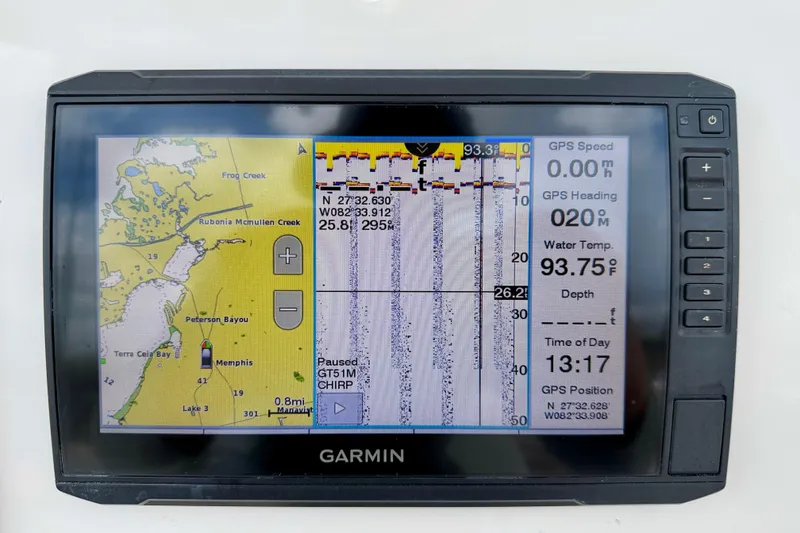 Slide: The Image of Garmin GPS display on 2014 Tidewater 230 LXF boat, showing navigation and sonar data. - 22