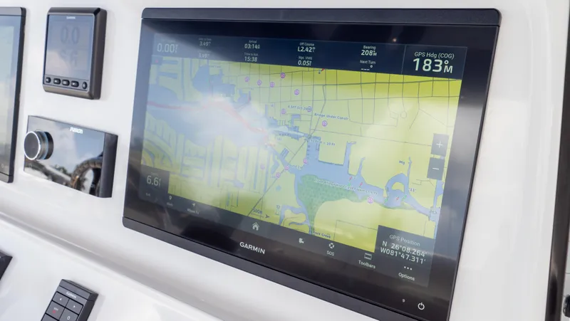 Slide: The Image of Navigation display on 2022 Intrepid 345 Valor boat, showing a detailed marine map. - 21