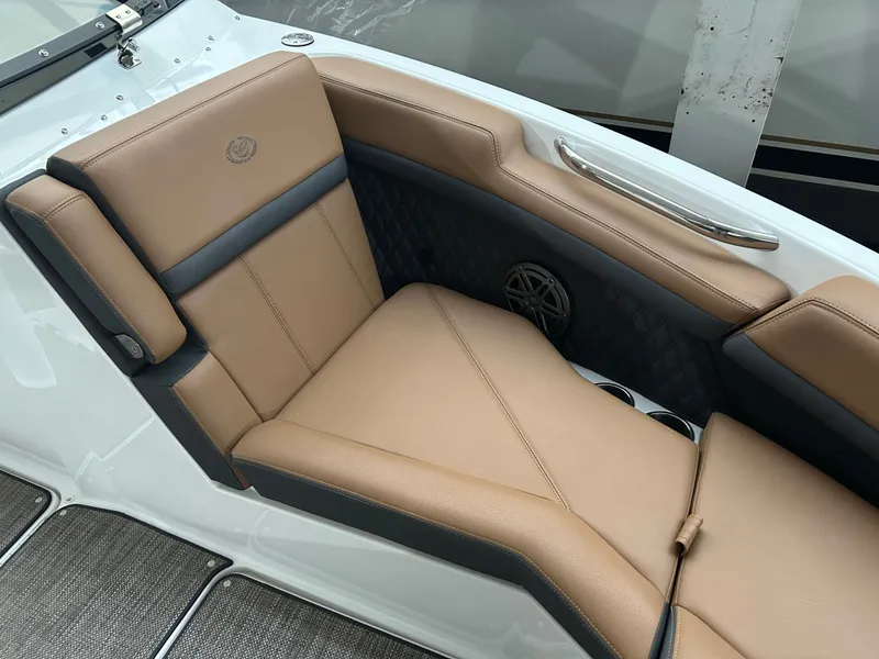 Slide: The Image of Luxurious seating in 2024 Cobalt R6 boat, brown leather. - 6